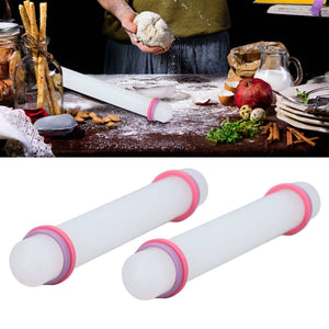 2Pcs Plastic Rolling Pin set with two white nonstick pins, pink rings and rounded ends for rolling dough