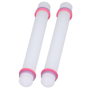2Pcs Plastic Rolling Pin set with white plastic barrels, pink rings and rounded ends for rolling dough smoothly.