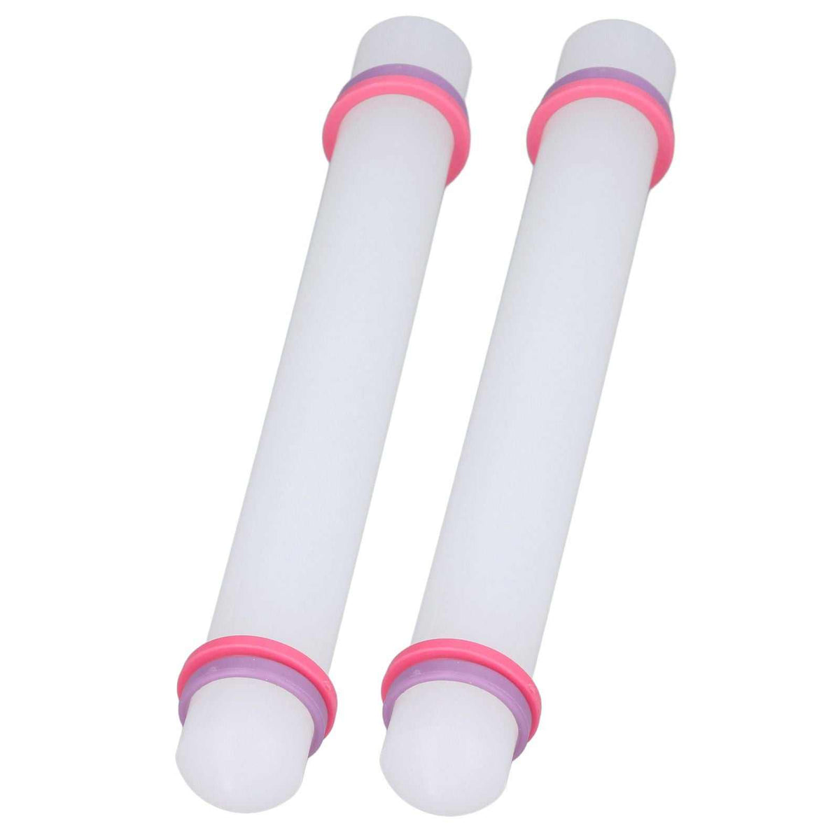 2Pcs Plastic Rolling Pin set with white plastic barrels, pink rings and rounded ends for rolling dough smoothly.