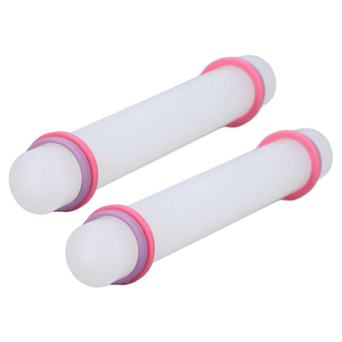 2Pcs Plastic Rolling Pin set in white plastic with pink ring accents and rounded end handles