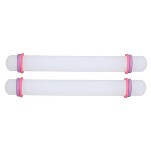 2Pcs Plastic Rolling Pin set in white plastic with pink rings and rounded ends, featuring smooth nonstick barrels.