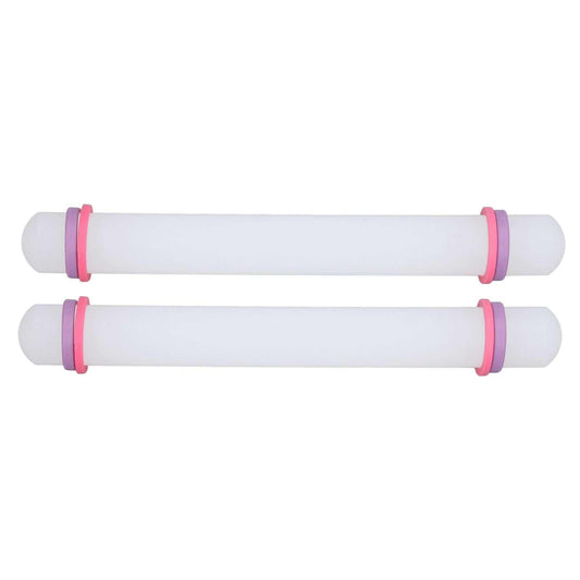2Pcs Plastic Rolling Pin set in white plastic with pink rings and rounded ends, featuring smooth nonstick barrels.