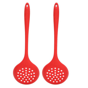 2Pcs Silicone Slotted Spoon set in bright red silicone, each with a long handle, hanging hole and round draining slots