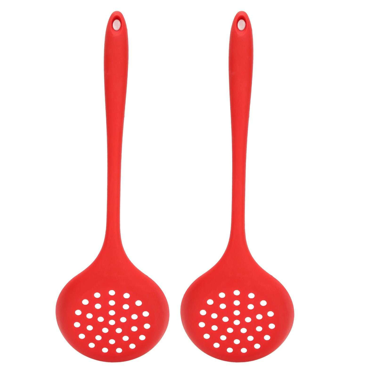 2Pcs Silicone Slotted Spoon set in bright red silicone, each with a long handle, hanging hole and round draining slots