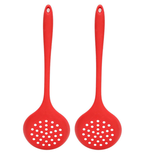 2Pcs Silicone Slotted Spoon set in bright red silicone, each with a long handle, hanging hole and round draining slots