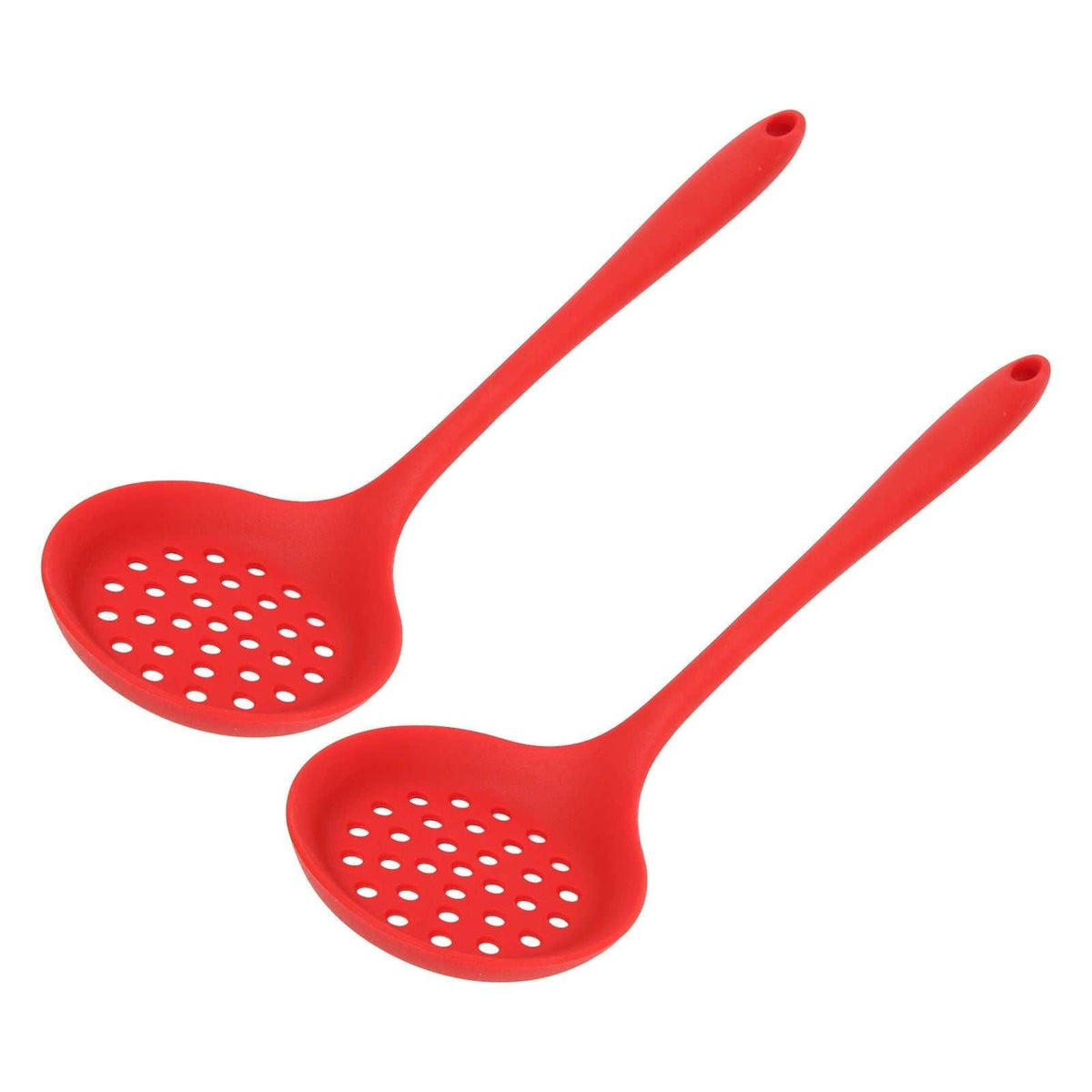 2Pcs Silicone Slotted Spoon set in bright red silicone, with round perforated bowls and long handles with hanging holes