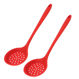 2Pcs Silicone Slotted Spoon set in bright red silicone, with oval perforated bowls and long handles with hanging holes