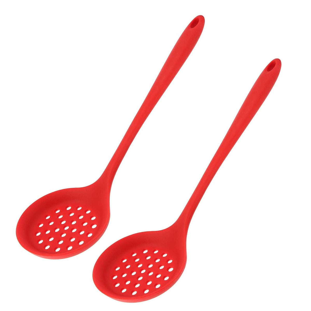 2Pcs Silicone Slotted Spoon set in bright red silicone, with oval perforated bowls and long handles with hanging holes