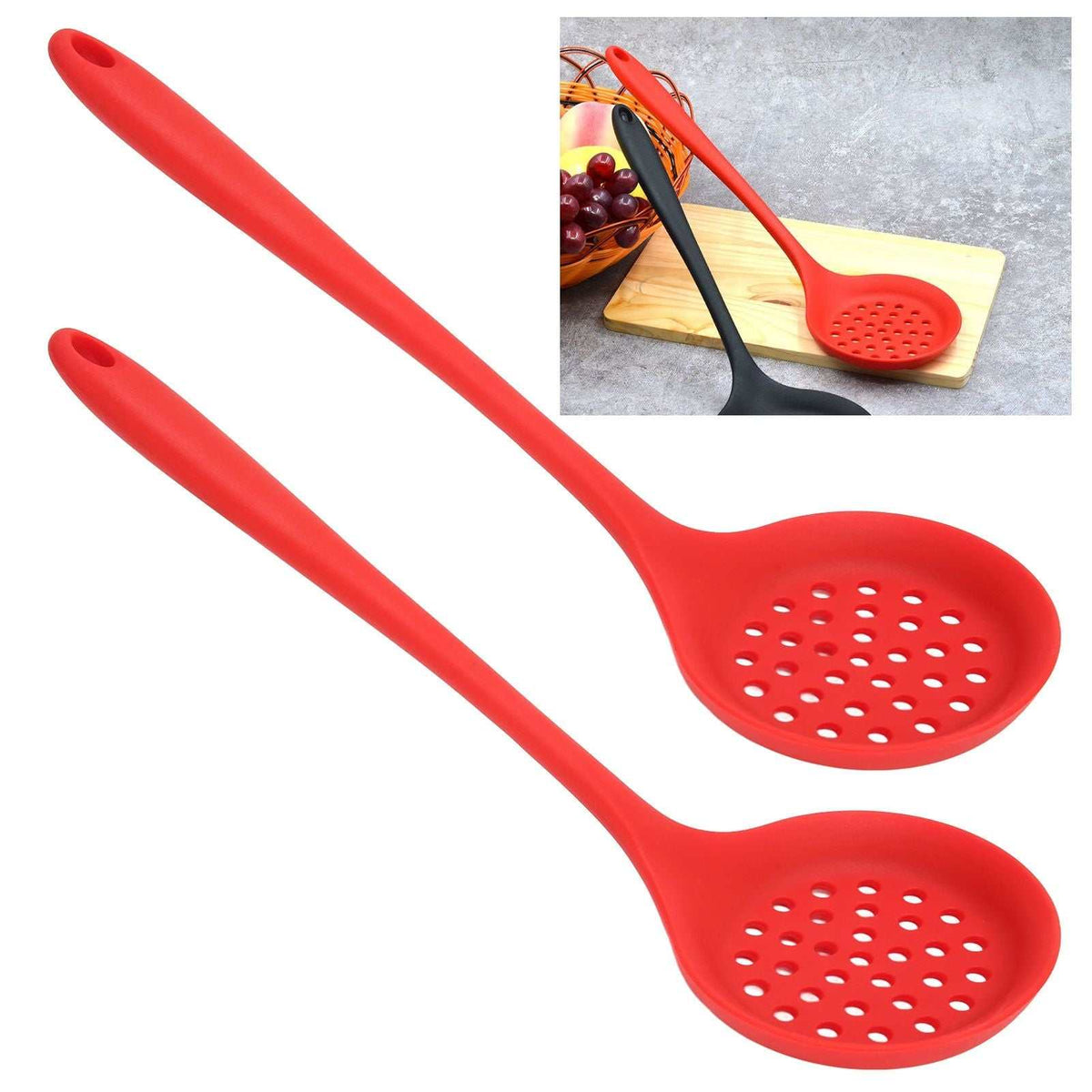 2Pcs Silicone Slotted Spoon set in bright red silicone, with round perforated bowls and long handles with hanging holes