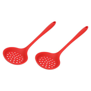 2Pcs Silicone Slotted Spoon set in bright red silicone, with rounded perforated bowls and long handles with hanging holes