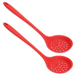 2Pcs Silicone Slotted Spoon set in bright red silicone, with round perforated bowls and long handles with hanging holes