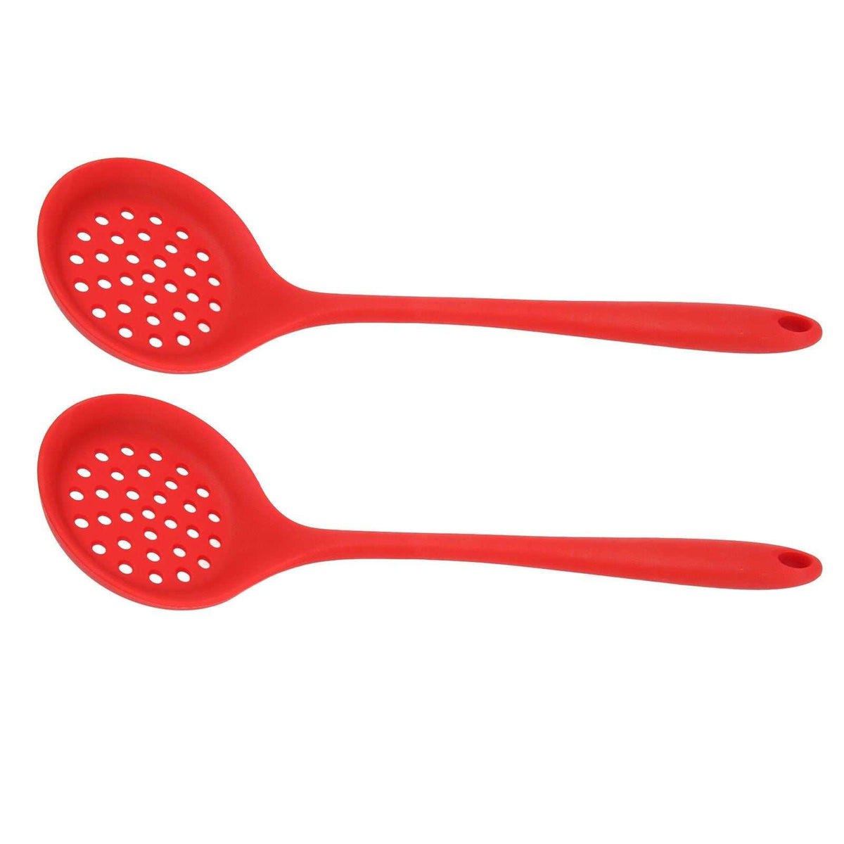 2Pcs Silicone Slotted Spoon set in bright red, with round perforated heads, long handles and hanging holes