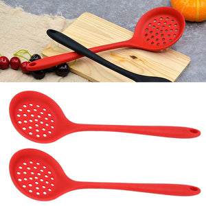 2Pcs Silicone Slotted Spoon set in bright red, with round perforated heads and long handles with hanging holes