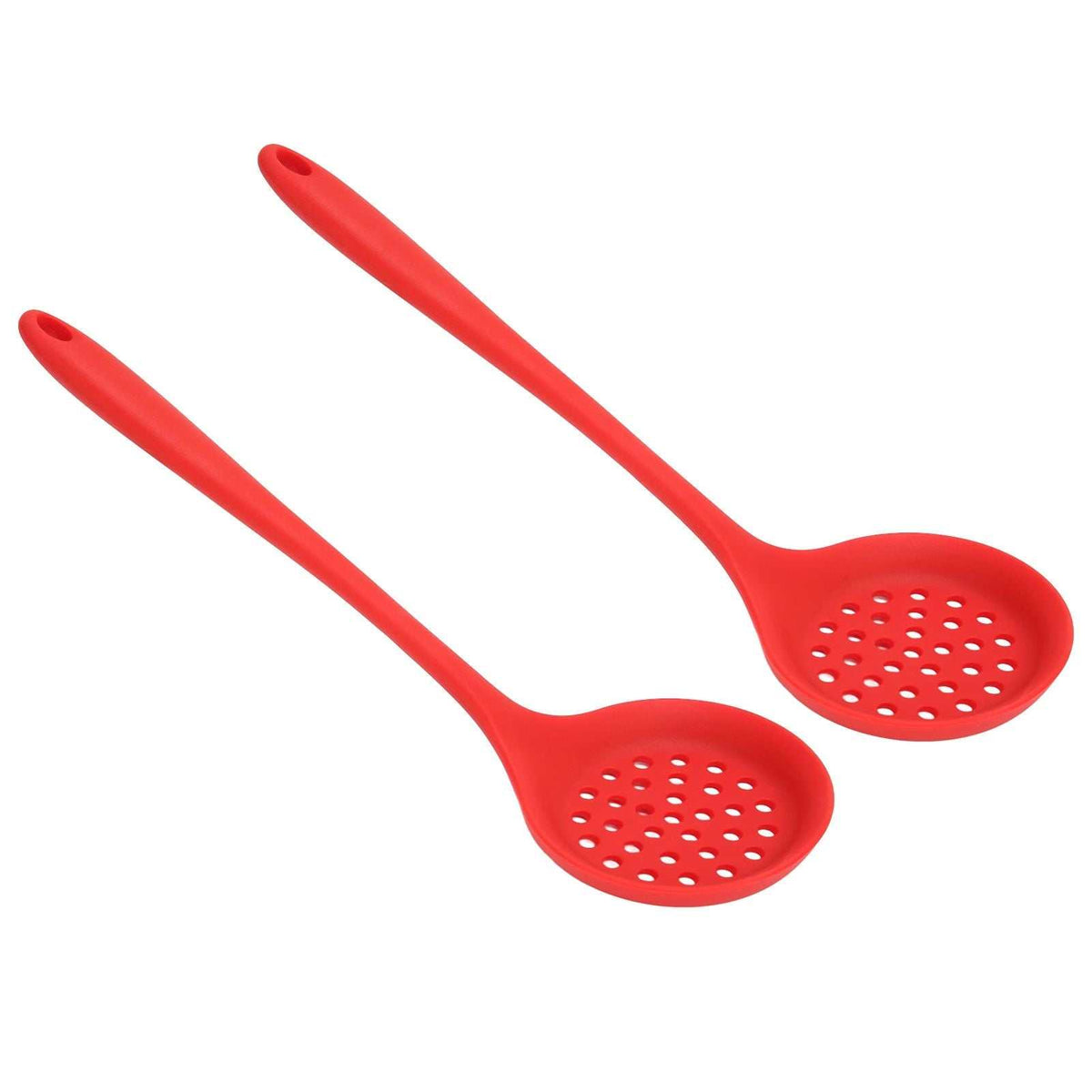 2Pcs Silicone Slotted Spoon set in bright red silicone, with round perforated heads and long handles with hanging holes
