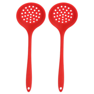 2Pcs Silicone Slotted Spoon set in bright red silicone, with round perforated heads and long handles with hang holes