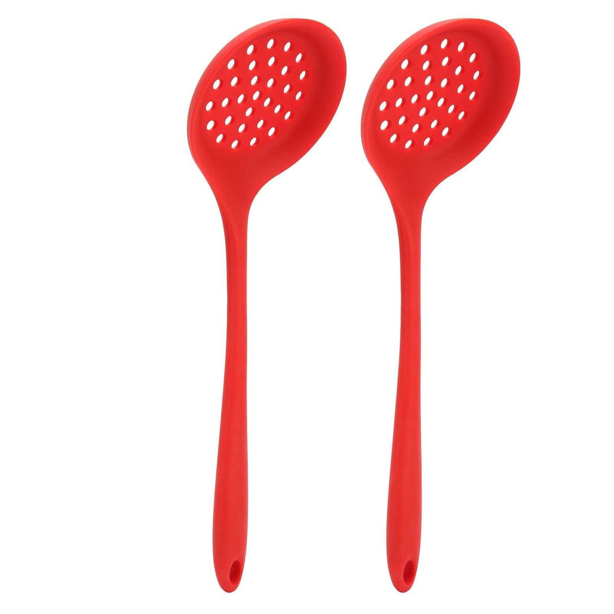 2Pcs Silicone Slotted Spoon set in bright red silicone, with oval heads, multiple drainage holes, and hanging holes.