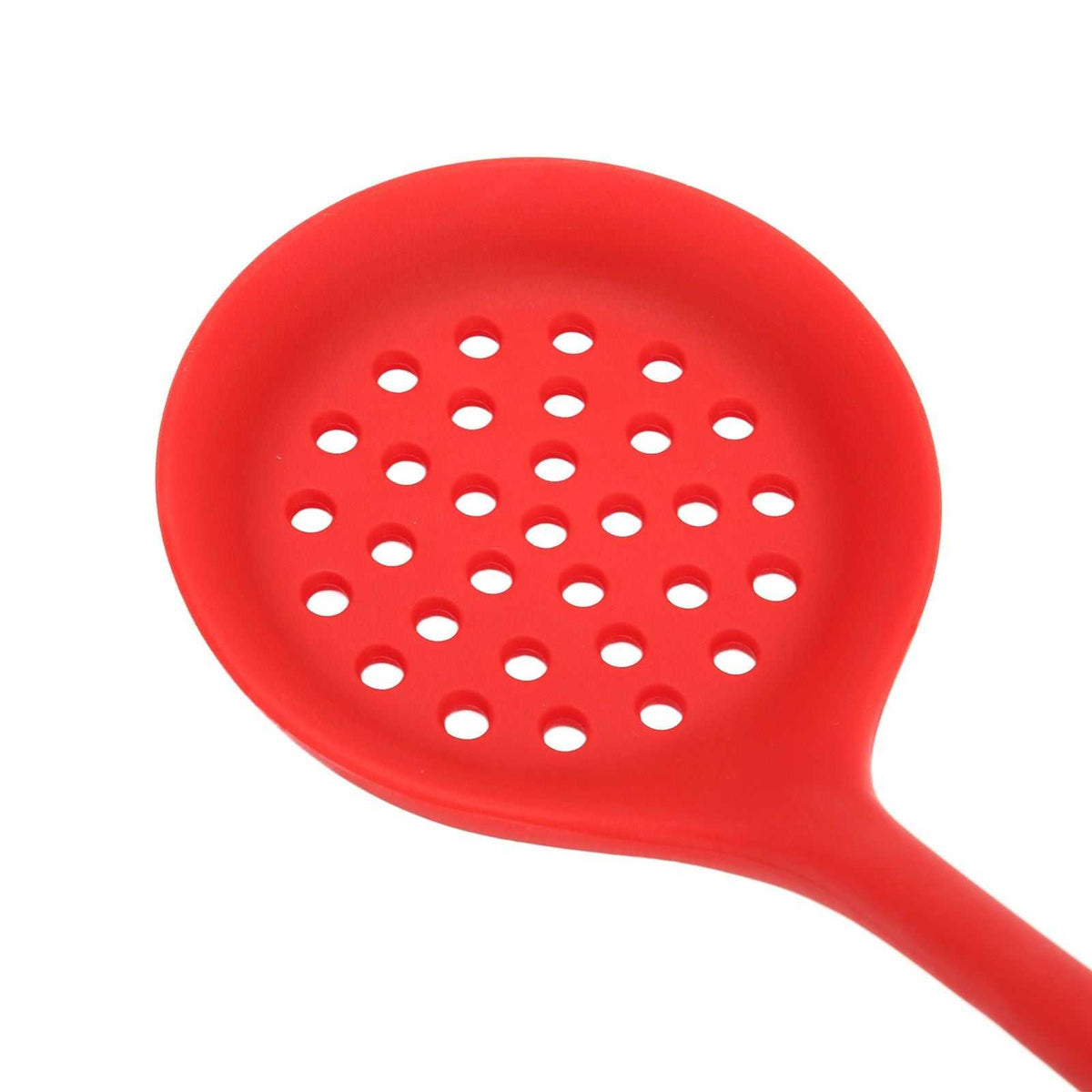 2Pcs Silicone Slotted Spoon in bright red silicone with a broad round head and multiple drainage holes