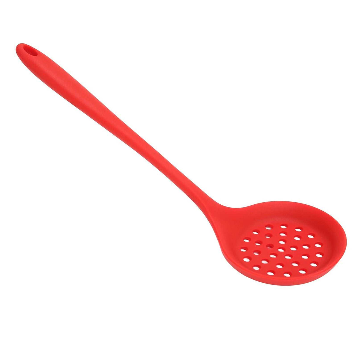 2Pcs Silicone Slotted Spoon in bright red silicone with a long handle, hanging hole and round perforated bowl