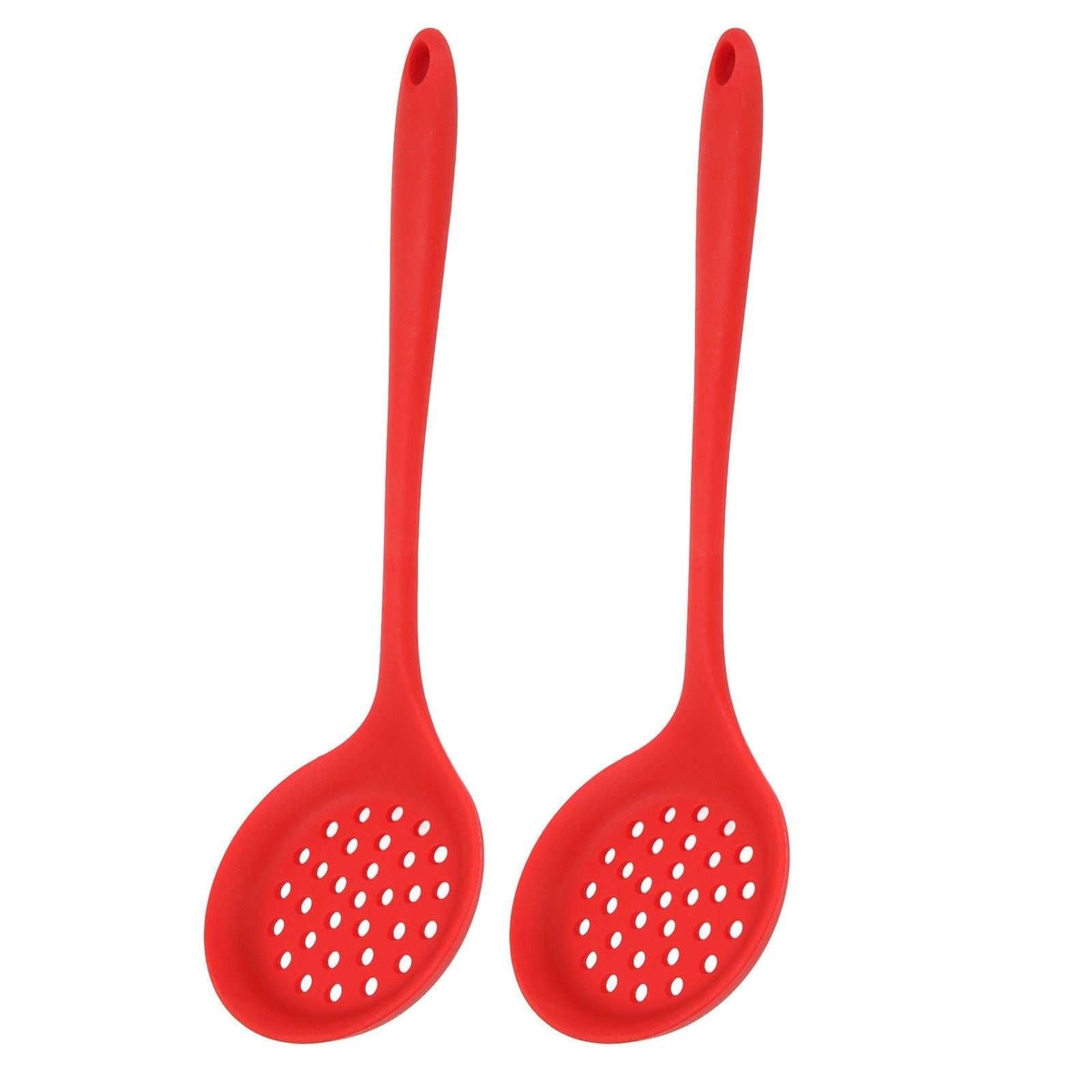 2Pcs Silicone Slotted Spoon set in bright red silicone, featuring oval heads with drainage holes and hanging loops.