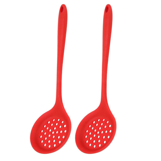 2Pcs Silicone Slotted Spoon set in bright red silicone, featuring oval heads with drainage holes and hanging loops.