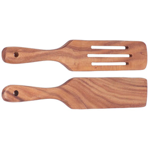 2pcs Slotted Turner Spatula set of two brown natural wood utensils, one slotted and one solid, each with a hanging hole