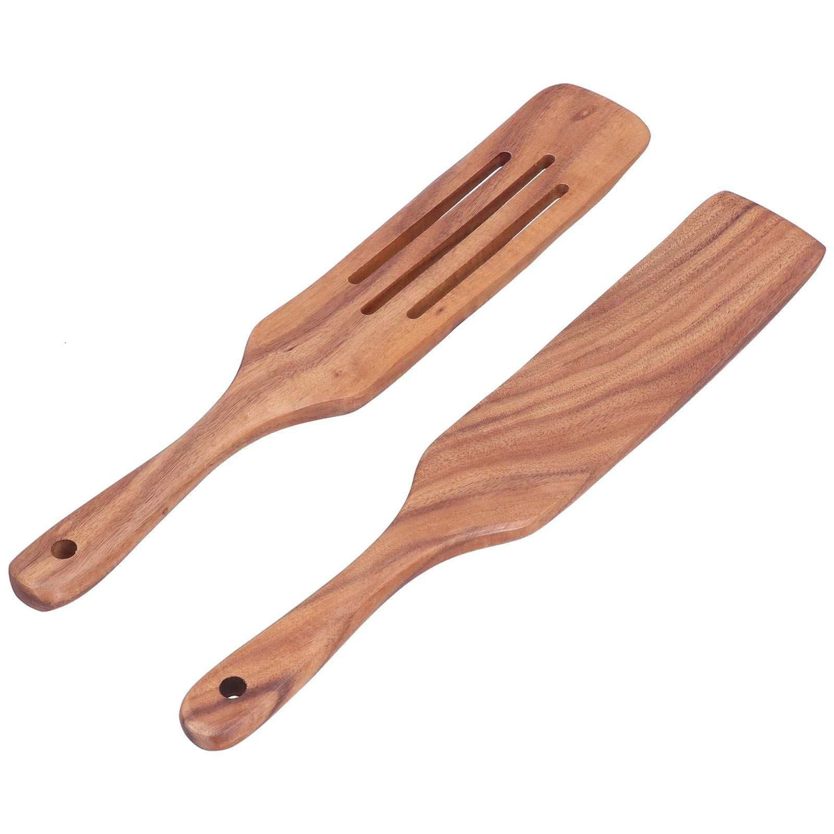 2pcs Slotted Turner Spatula teak wood set with warm brown grain, featuring one slotted turner and one solid spatula