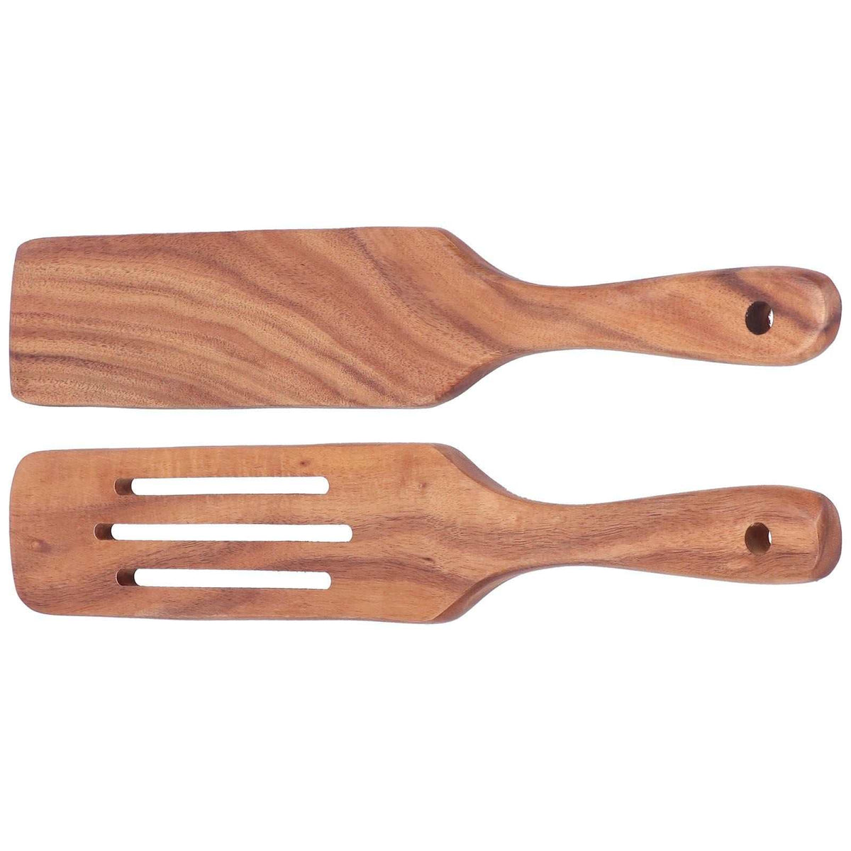 2pcs Slotted Turner Spatula set in warm brown teak wood, with solid and three-slot turner heads and hanging holes