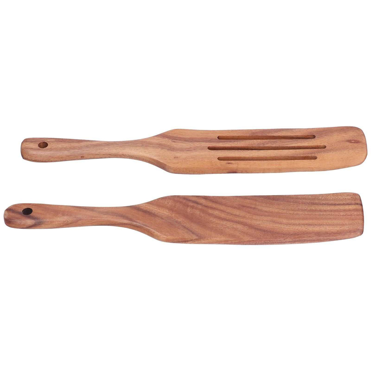 2pcs Slotted Turner Spatula set in warm brown natural wood, with one solid blade and one slotted blade, each with a hanging hole