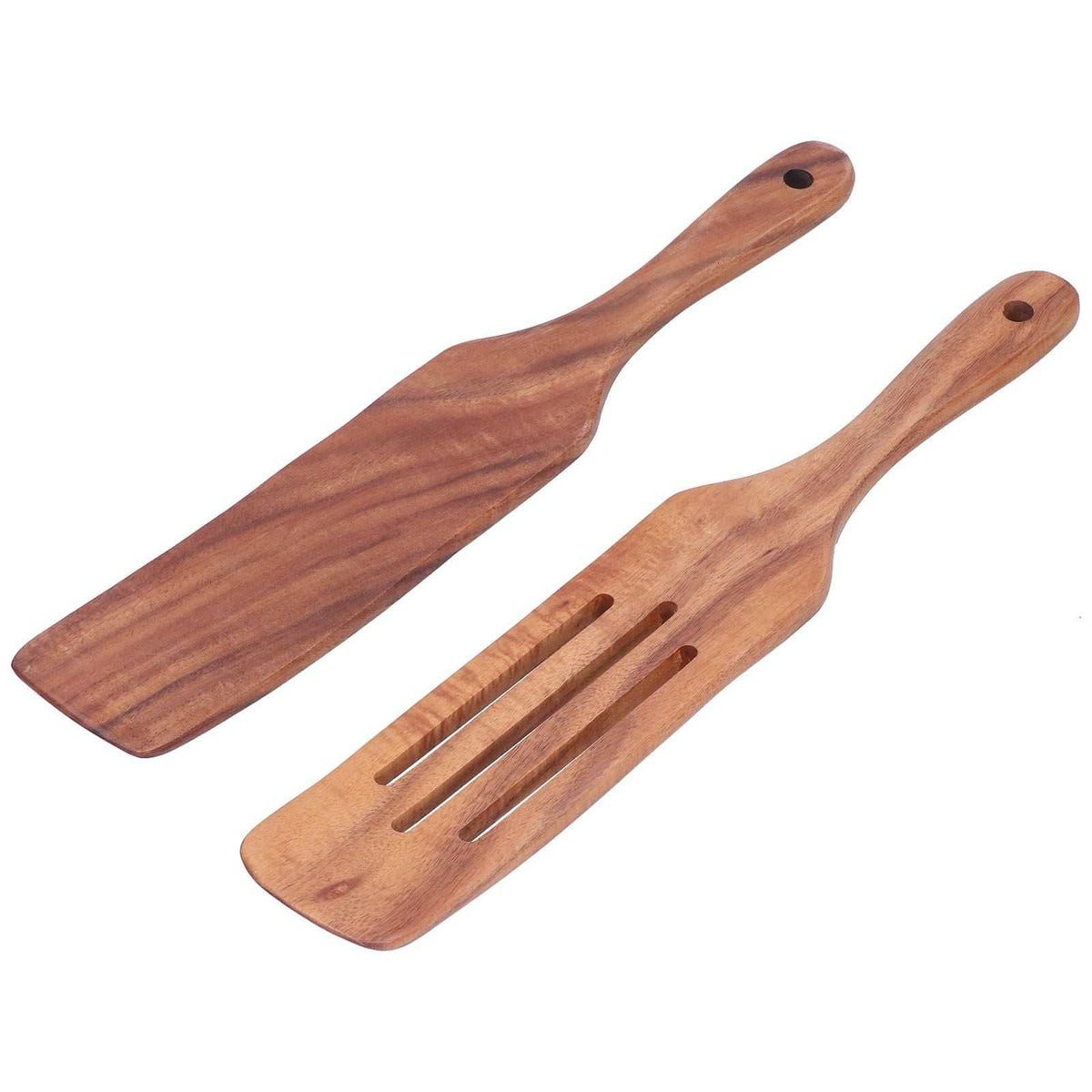 2pcs Slotted Turner Spatula set in warm brown wood with smooth grain, featuring one solid turner and one three-slot turner