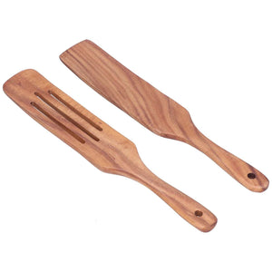 2pcs Slotted Turner Spatula set in warm brown wood, with one slotted blade and one solid blade, each with a hanging hole