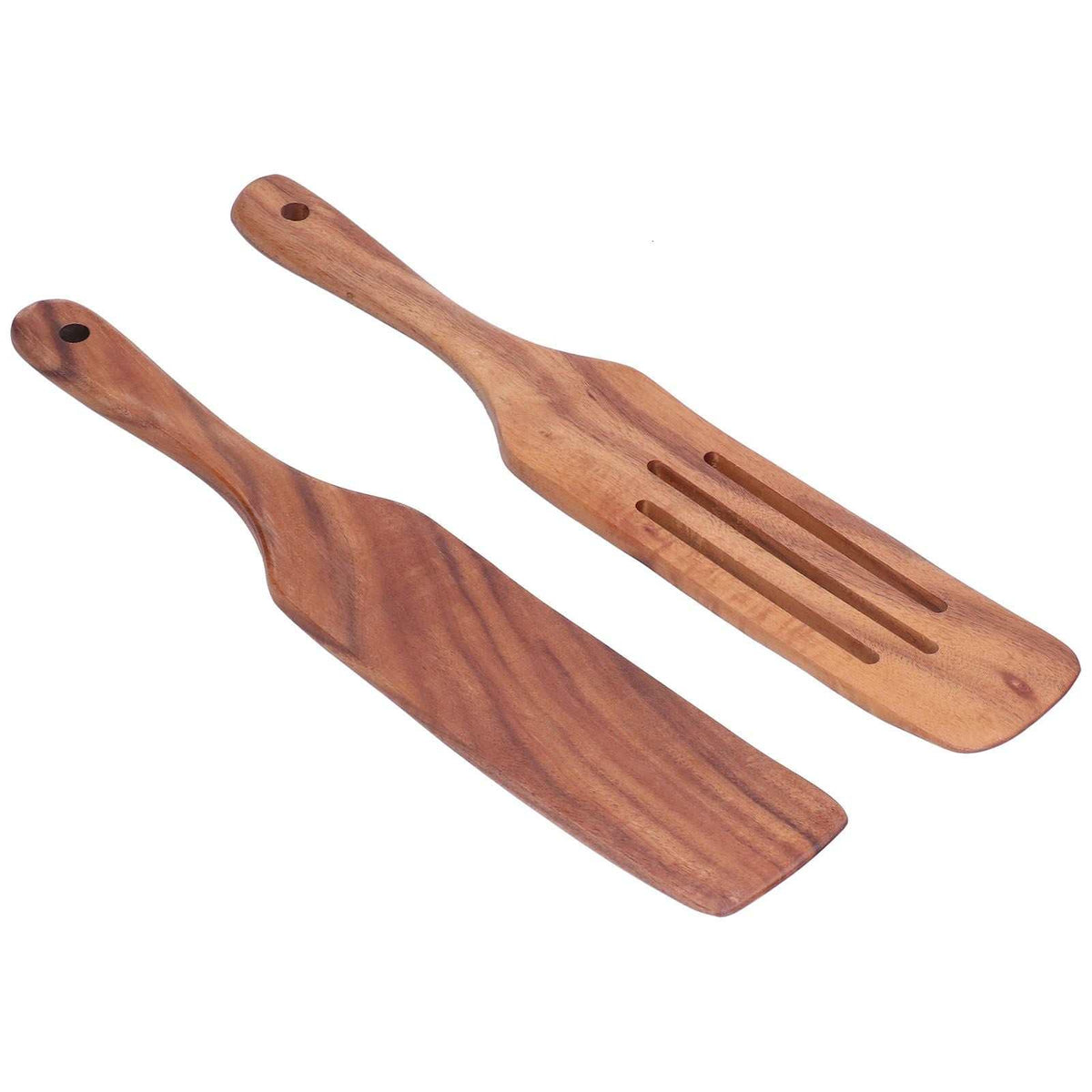 2pcs Slotted Turner Spatula set in reddish-brown wood, with one solid paddle and one slotted blade, both with hanging holes