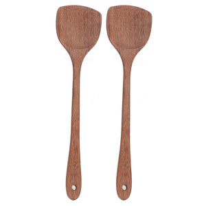2pcs Wooden Spatula with two long-handled brown wooden paddles, smooth wood grain and hanging holes