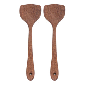 2pcs Wooden Spatula pair in reddish-brown wood with long handles, broad rounded heads and hanging holes