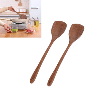 2pcs Wooden Spatula set in rich brown wood, with long smooth handles, broad flat heads and hanging holes