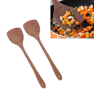 2pcs Wooden Spatula set in warm brown wood with smooth broad heads, long handles and hanging holes