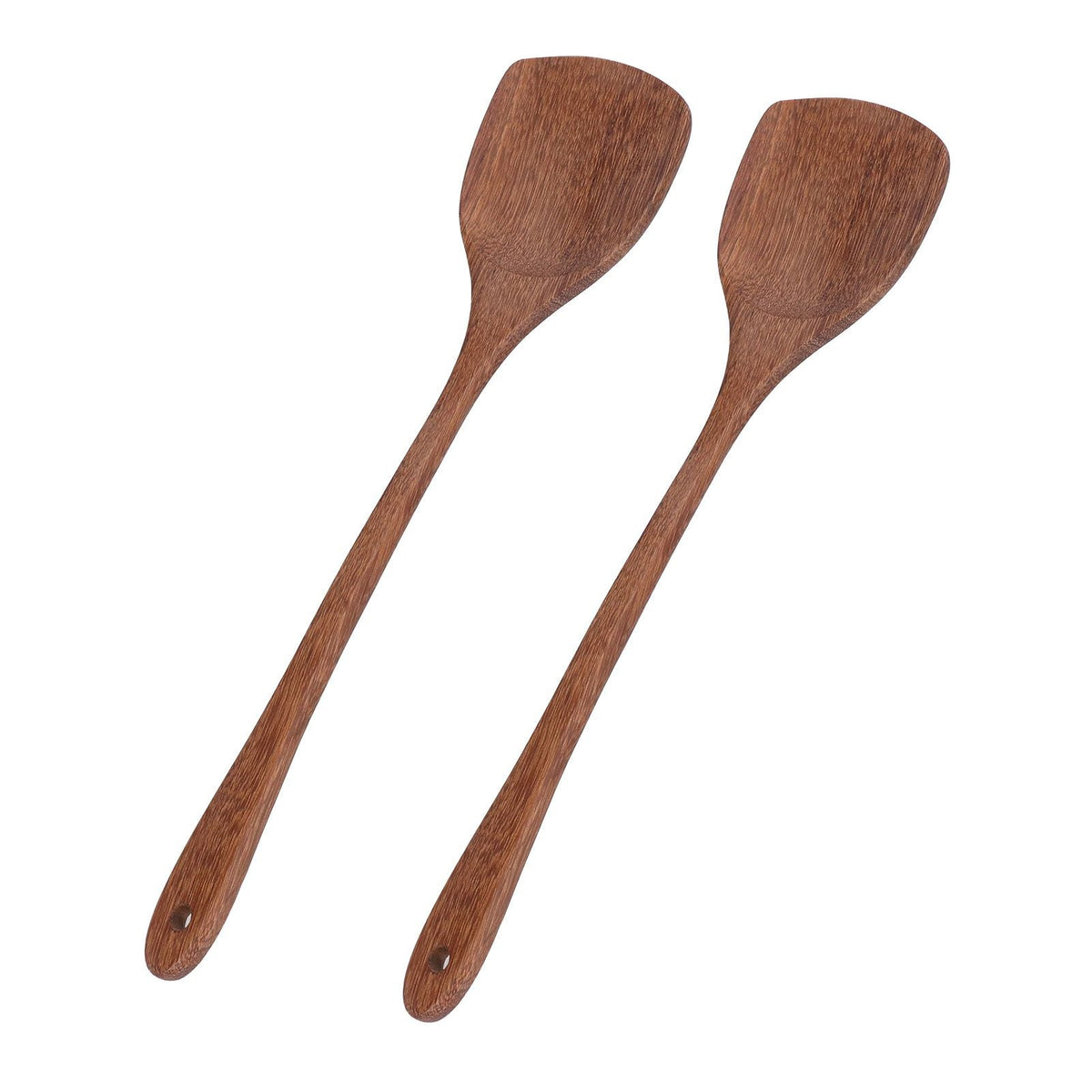 2pcs Wooden Spatula in dark brown wood, each with a long handle, broad flat head and hanging hole