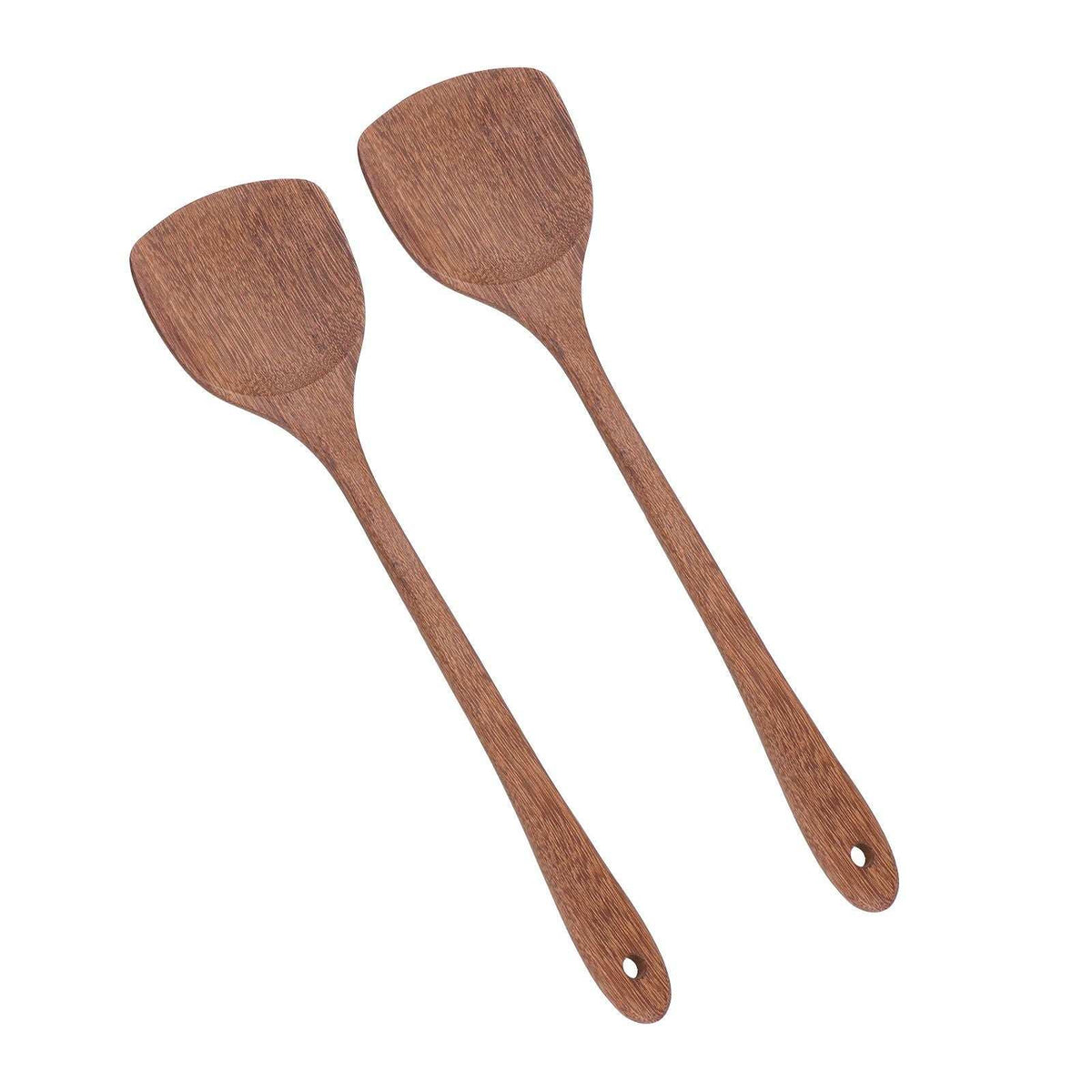 2pcs Wooden Spatula set in reddish-brown wood, each with a broad flat head, long handle and hanging hole