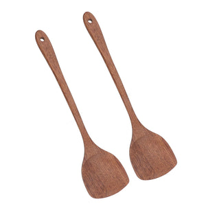 2pcs Wooden Spatula set in warm reddish-brown wood, with long tapered handles, hanging holes and broad flat heads