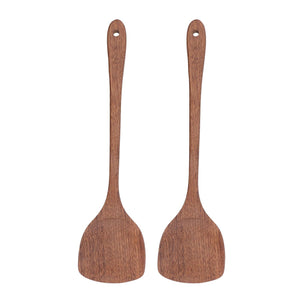 2pcs Wooden Spatula set in reddish-brown wood, with long slim handles, broad flat heads and hanging holes