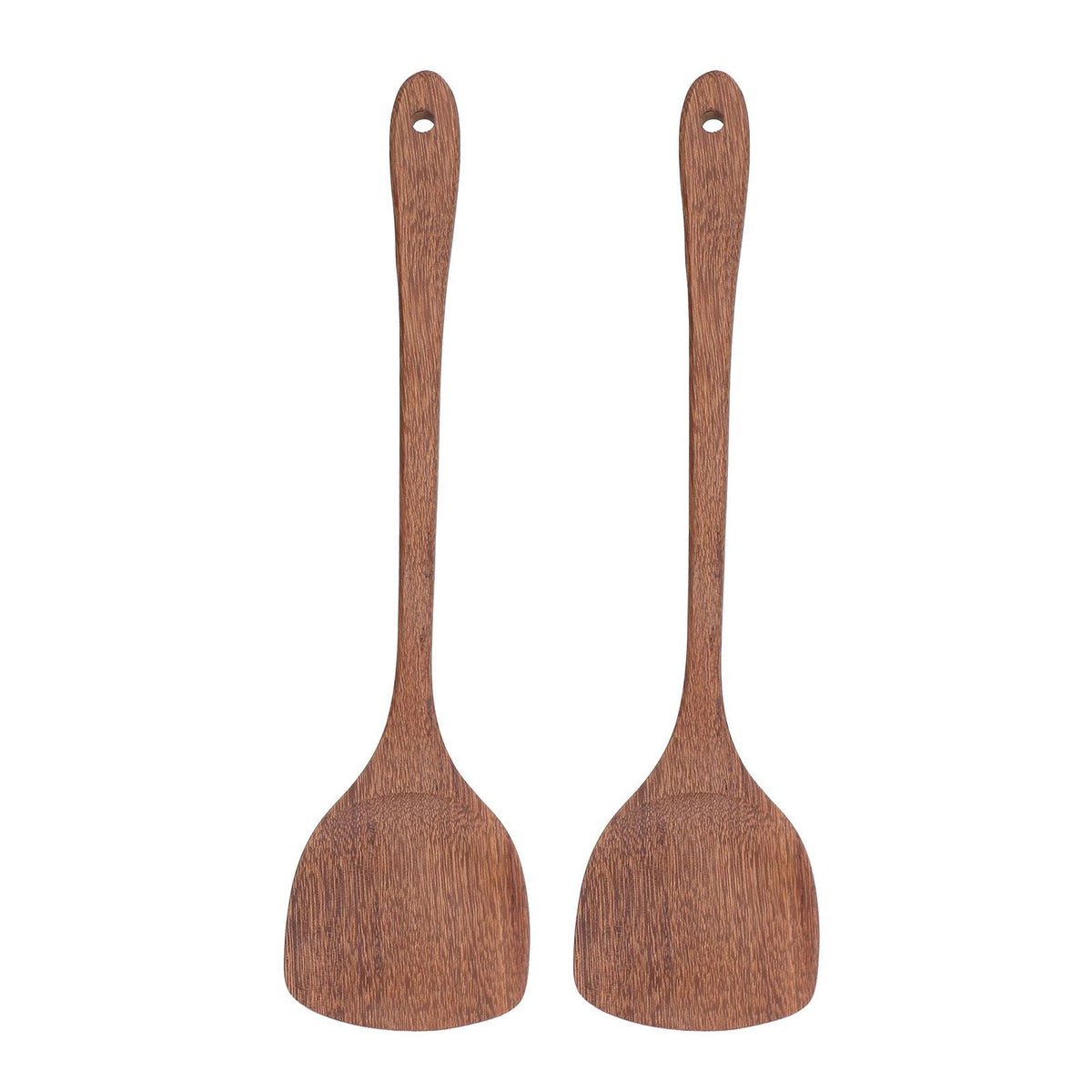 2pcs Wooden Spatula set in reddish-brown wood, with long slim handles, broad flat heads and hanging holes