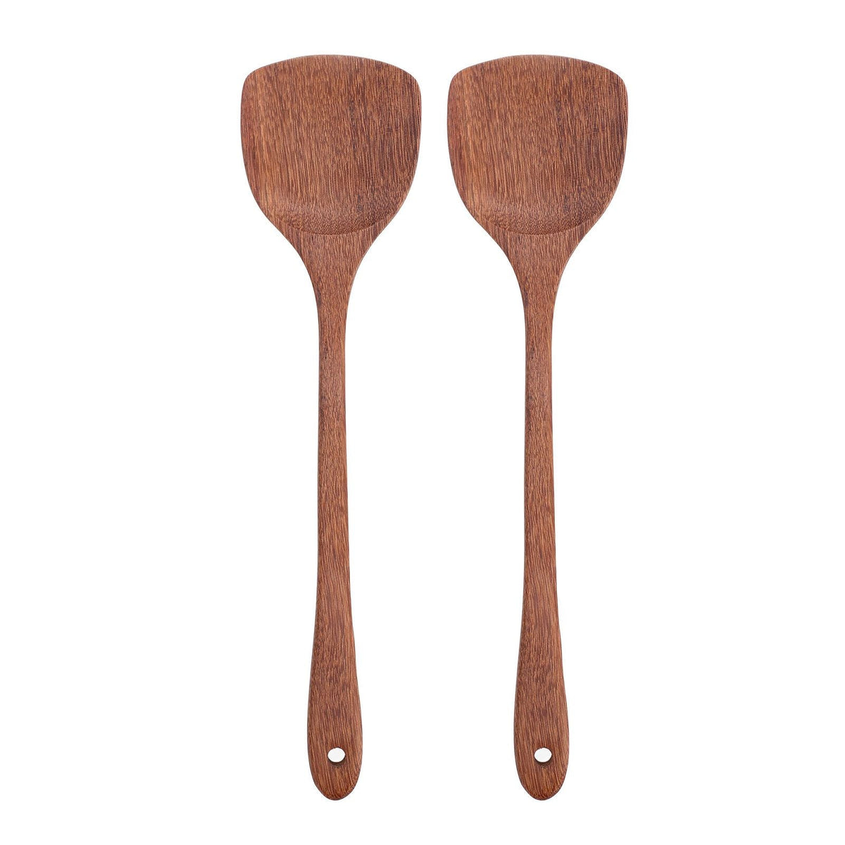 2pcs Wooden Spatula in reddish-brown wood, each with a broad rounded head, long handle and hanging hole