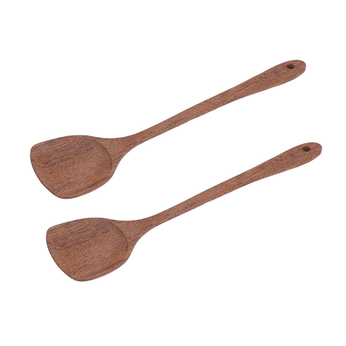 2pcs Wooden Spatula set in reddish-brown wood, with broad flat heads, long handles and hanging holes