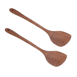 2pcs Wooden Spatula set in reddish-brown wood with long smooth handles, broad rounded paddle heads and hanging holes