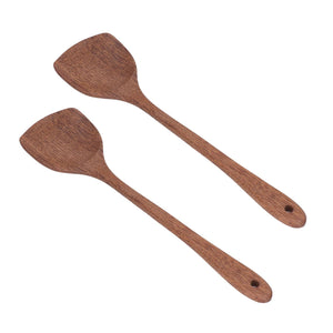 2pcs Wooden Spatula set in reddish-brown wood with broad flat heads, long handles, visible grain and hanging holes.