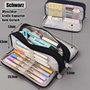 3 Compartment Pencil Case in black fabric with multiple zippered sections, elastic pen loops, mesh pockets and stationery