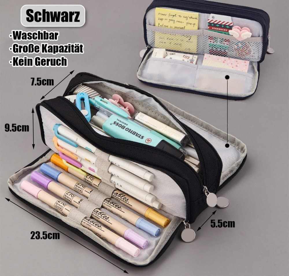 3 Compartment Pencil Case in black fabric with multiple zippered sections, elastic pen loops, mesh pockets and stationery