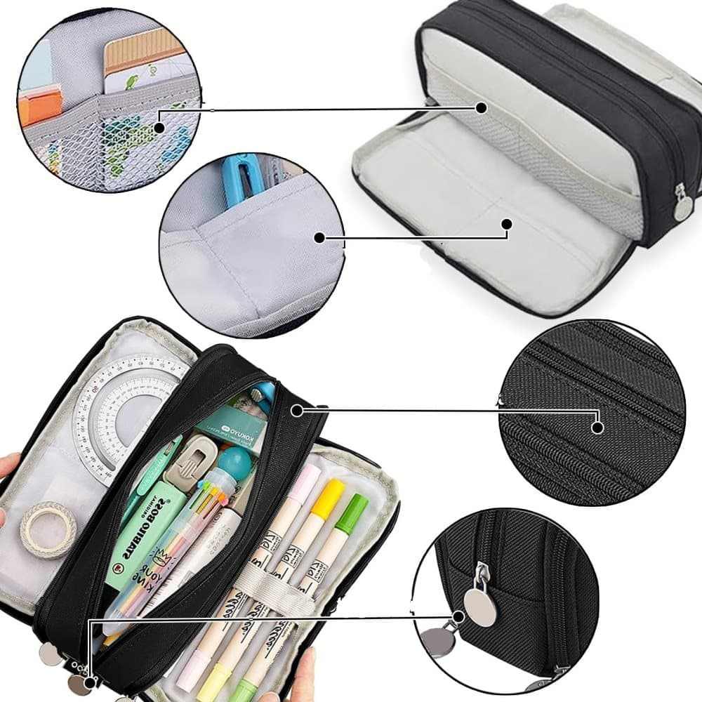 3 Compartment Pencil Case in black fabric with three zip sections, mesh pockets, elastic pen holders and stationery storage
