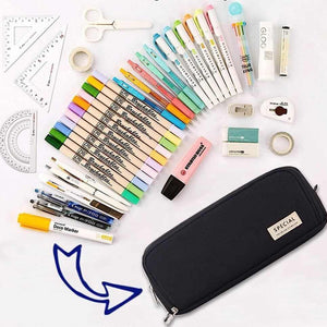 3 Compartment Pencil Case in black fabric with a slim rectangular shape, zip closure and SPECIAL label