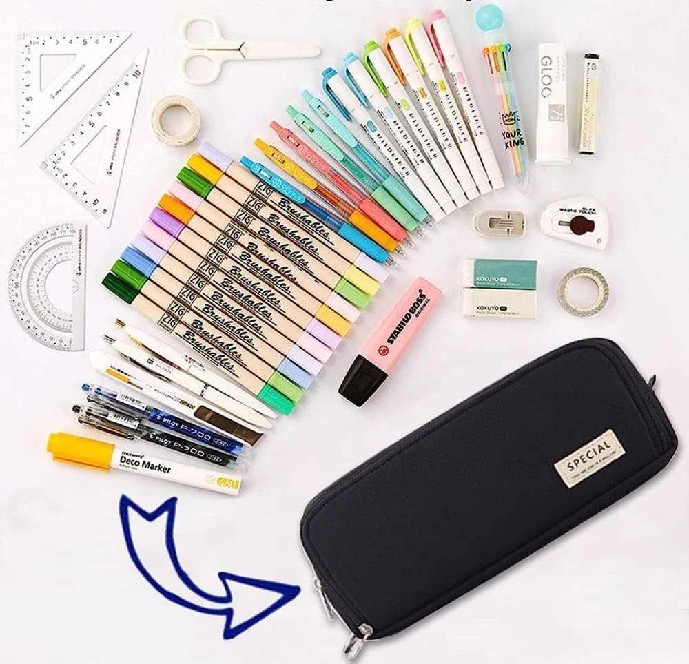 3 Compartment Pencil Case in black fabric with a slim rectangular shape, zip closure and SPECIAL label