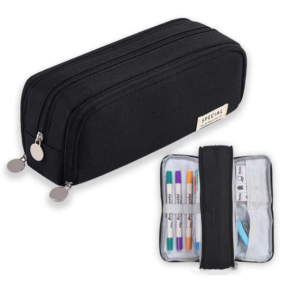 3 Compartment Pencil Case in black textured fabric with three zippers, opening to reveal pen holders and mesh pockets